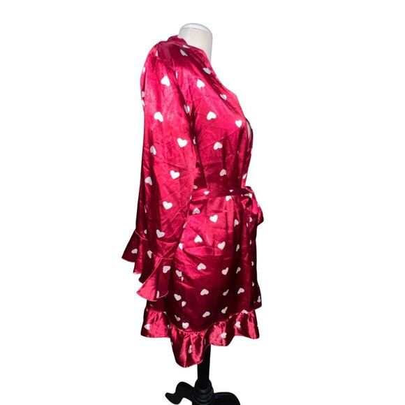 Red Satin Robe Size Large Womens White Heart Print Ruffled Hem & Sleeves Tie-Wai - Picture 6 of 7